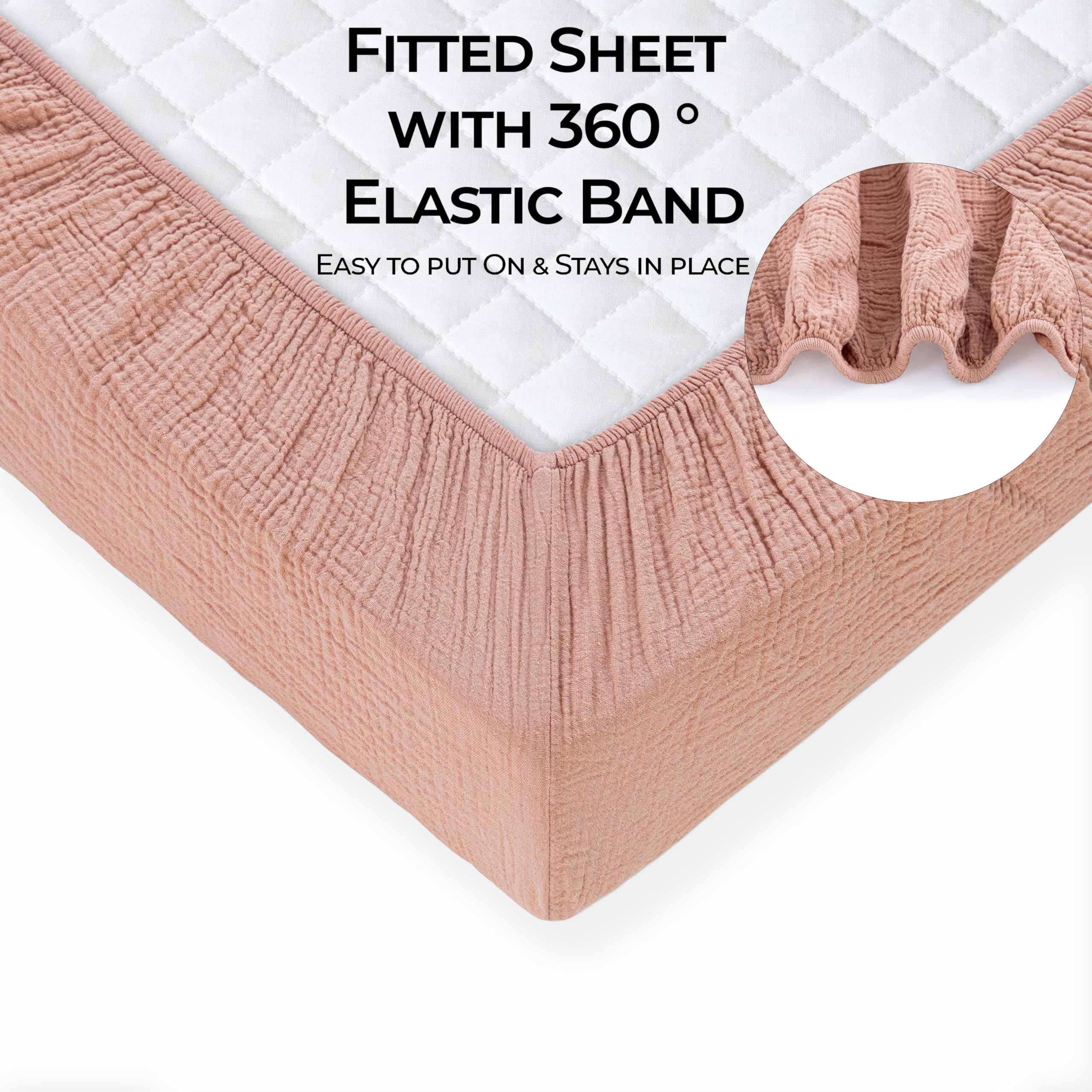 Dreamology muslin crib sheets close-up elastic edge for secure fit.