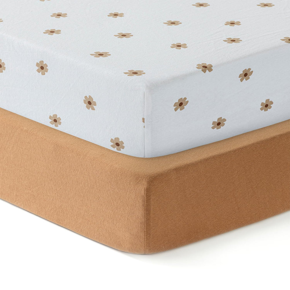 Dreamology pack-n-play-sheets brown-flowers closeup shows soft cotton for gentle sleep.
