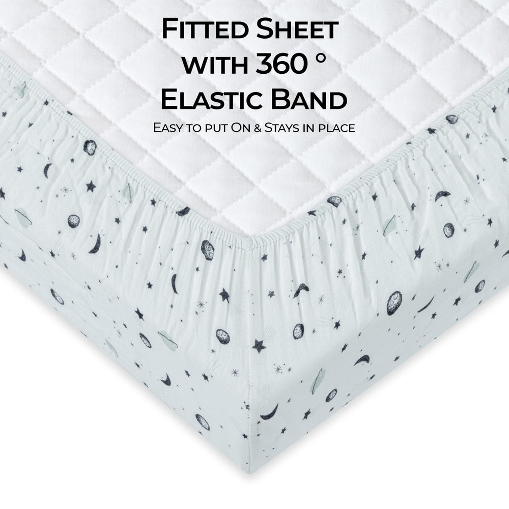Dreamology Planets crib sheet features secure, elastic edges for easy fitting