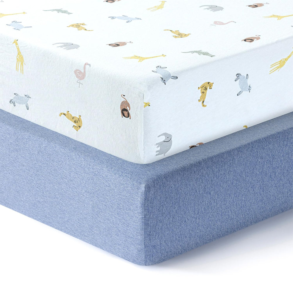 Dreamology sky blue crib sheet with animal pattern offers a snug, secure fit for standard cribs.