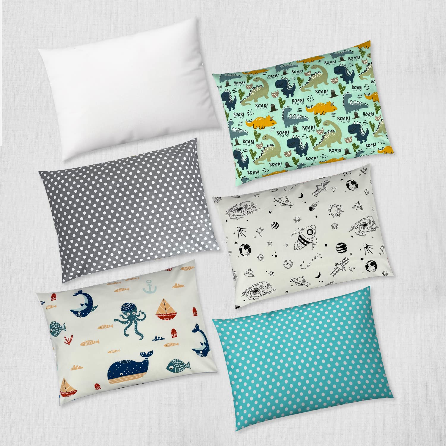 Dreamtown Kids dinosaur-design pillowcase; playful pattern promotes cozy bedtime.