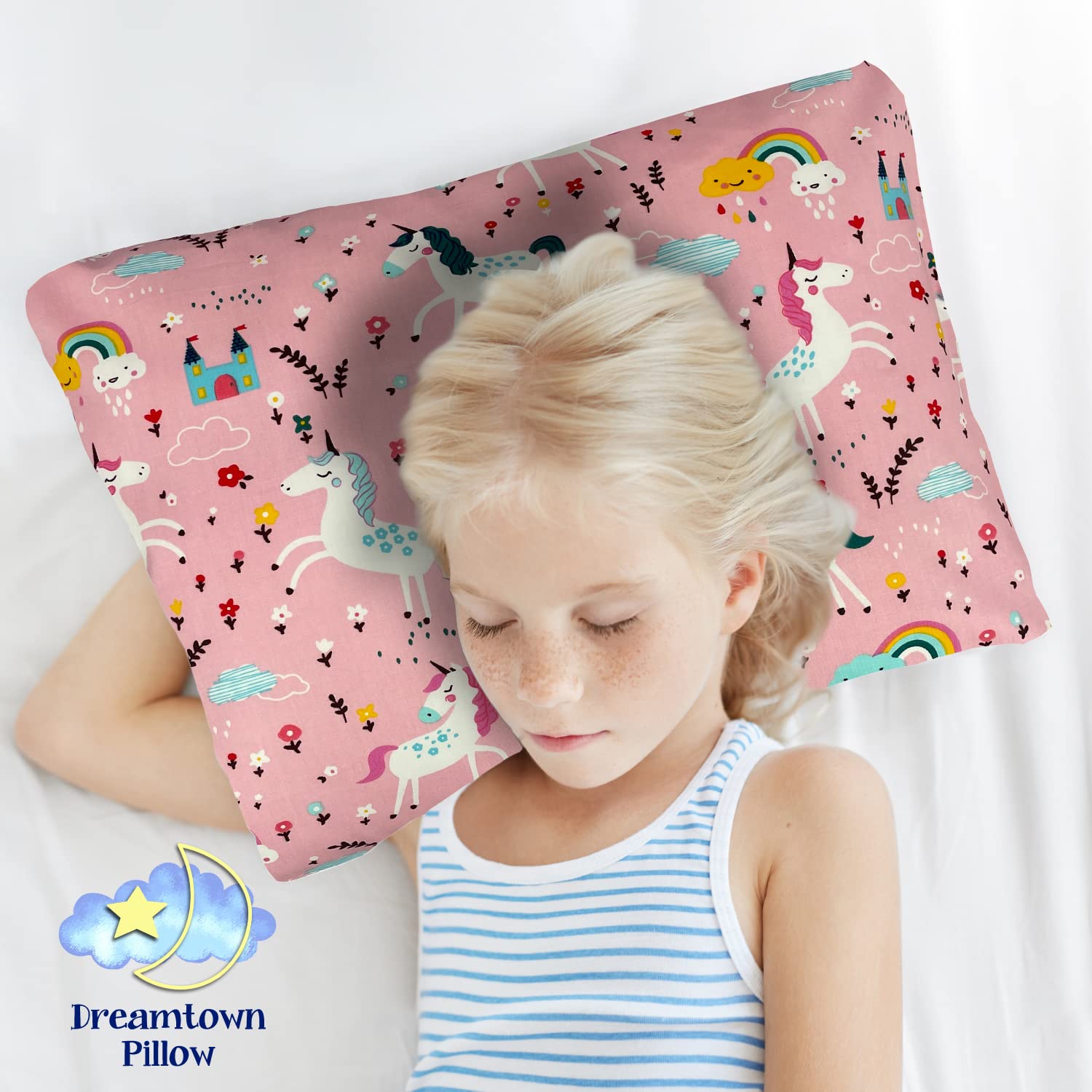 Dreamtown Kids pillow inside case highlighting hypoallergenic material and breathability.