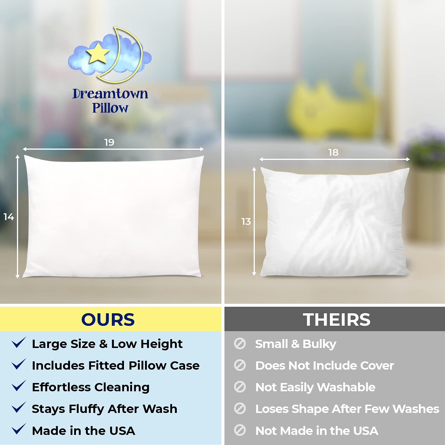Dreamtown Kids toddler pillow designs featuring dinosaurs and unicorns for bedtime fun.