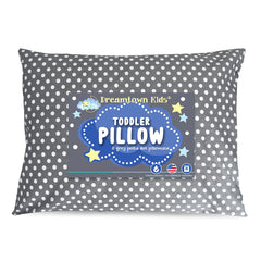 Dreamtown Kids toddler pillow with grey polka dot offering soft nap-time support.