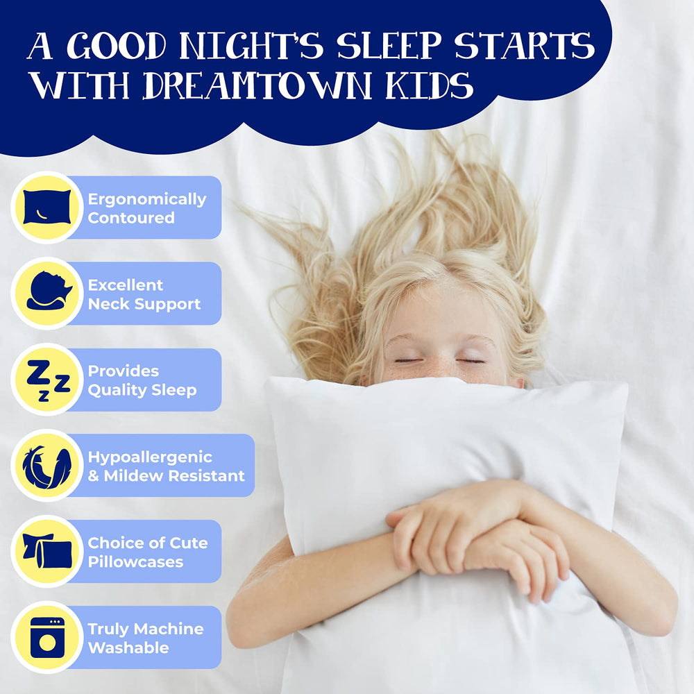 Dreamtown Kids travel-friendly pillow; compact for car trips and flights.