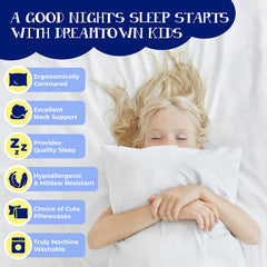 Dreamtown Kids travel-friendly pillow; compact for car trips and flights.