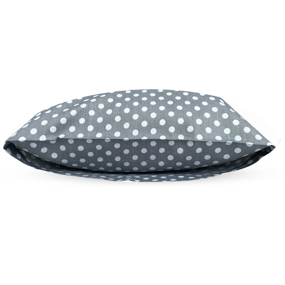Dreamtown Kids grey polka dot pillowcase; skin-friendly fabric for sensitive toddlers.