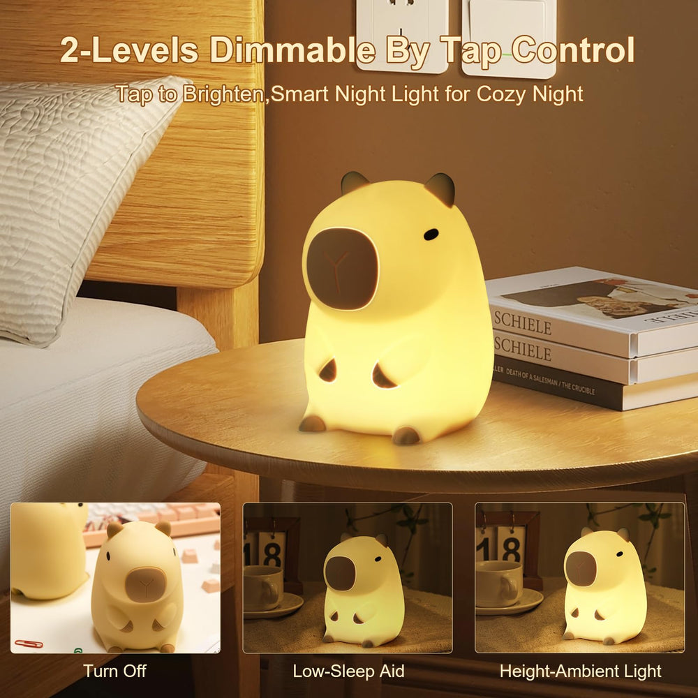 Drecoam Capybara night light demonstrates two dimming levels for gentle room lighting.