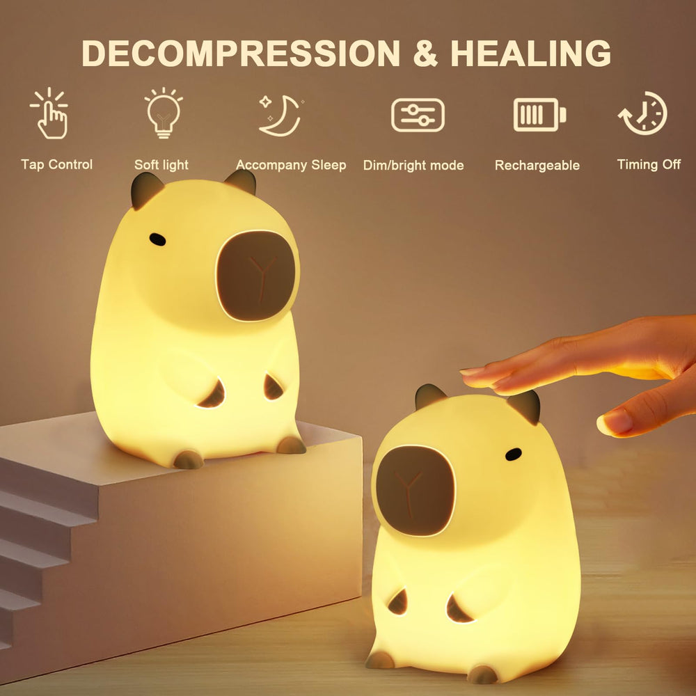 Drecoam Capybara night light with USB charging for convenient recharges.