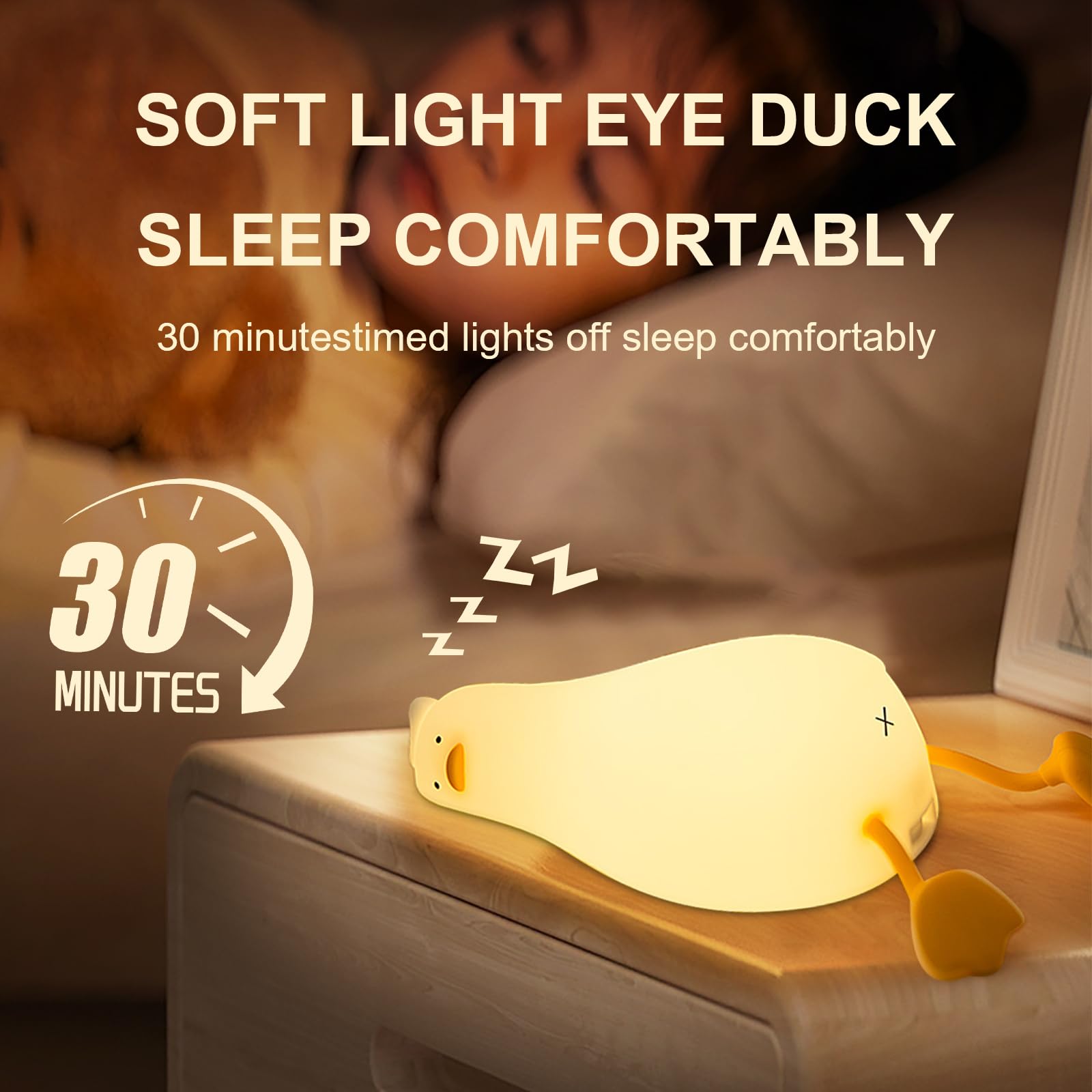 Drecoam Duck Night Light shown charging via USB-C