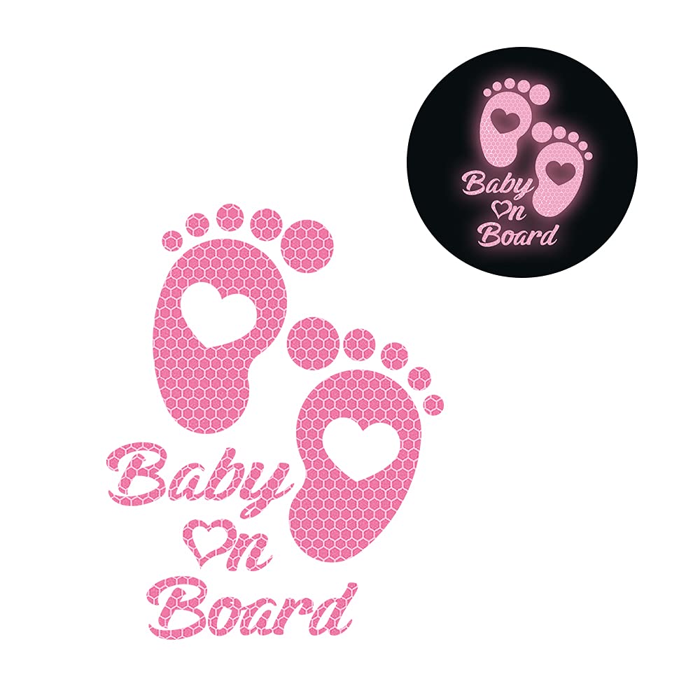 Dreothy footprint baby on board sign on off-road vehicle alerts others.