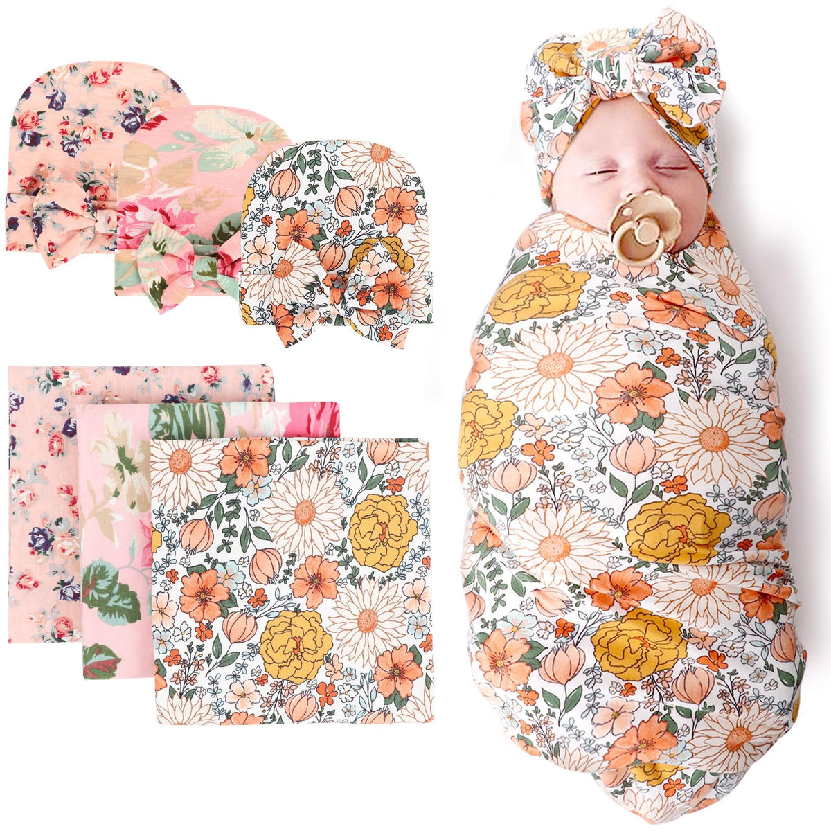 DRESHOW BQUBO floral newborn swaddle-blanket shown in soft pastel tones for cozy naps