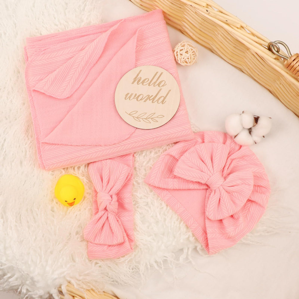 DRESHOW BQUBO hat and bow headband in pink add cute, gentle head coverage.