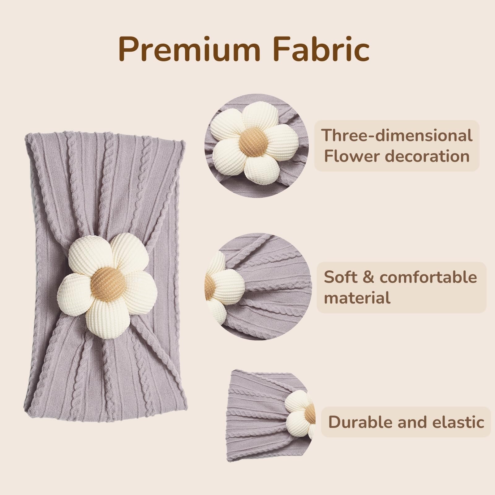 Dresyu flower headbands close-up showing non-slip stretch and gentle fit for all-day wear.
