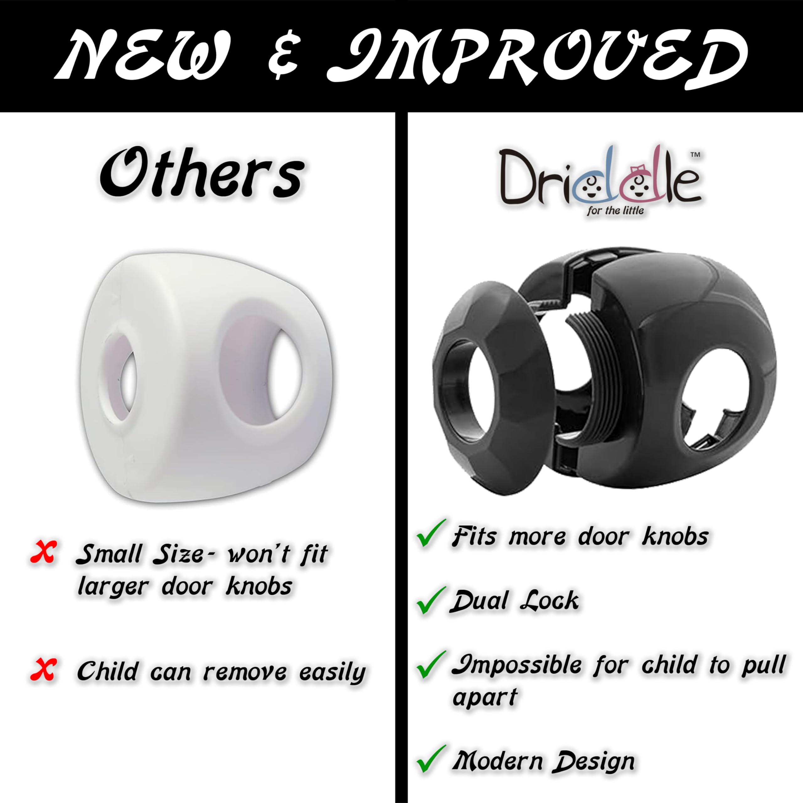Driddle door knob cover on a standard spherical knob demonstrates a sleek, compatible design.