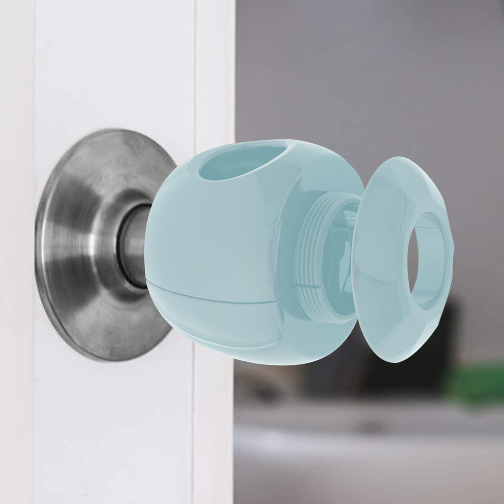 Driddle blue safety cover mounted on a spherical door knob.