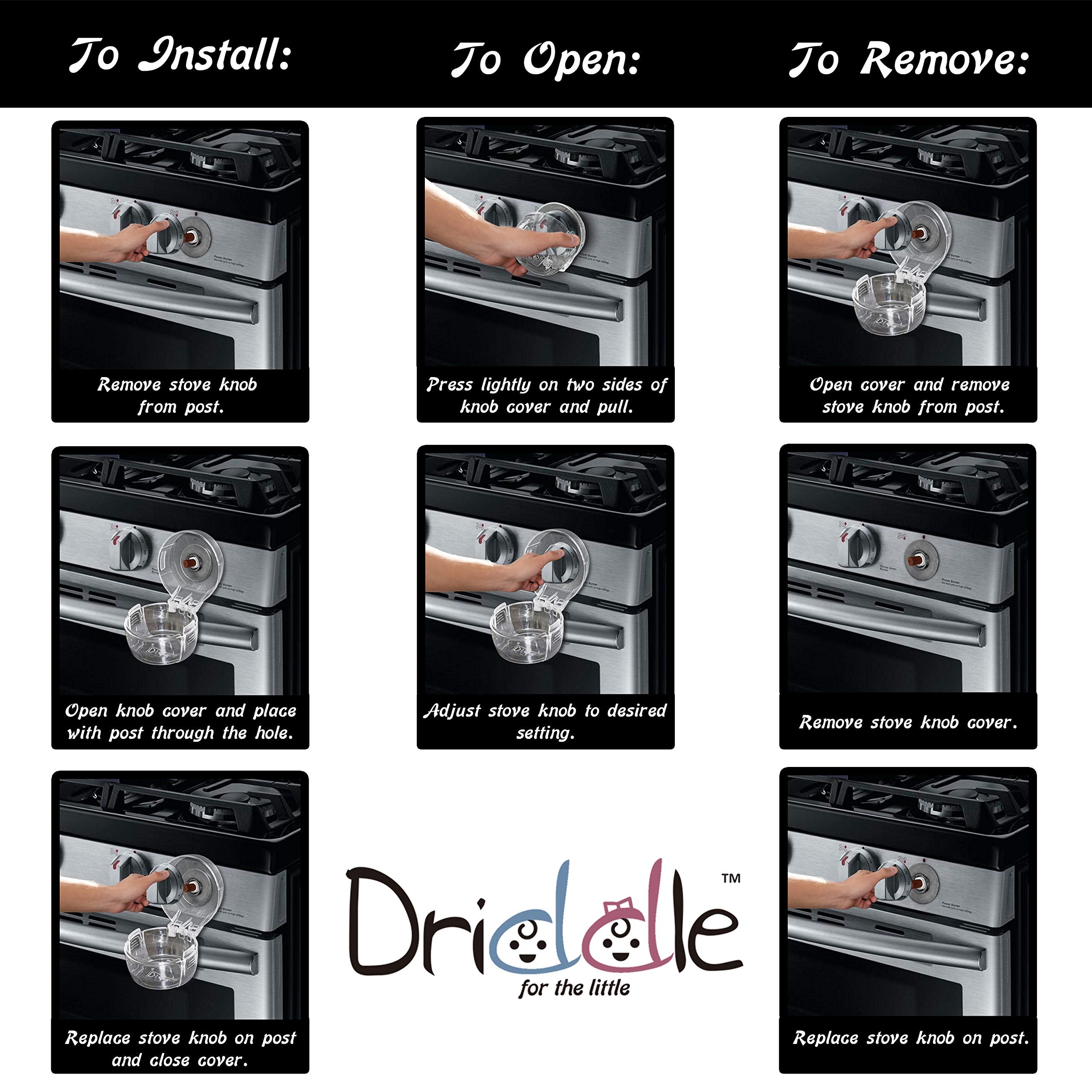 Driddle no-tools installation for fast, secure stove knob protection