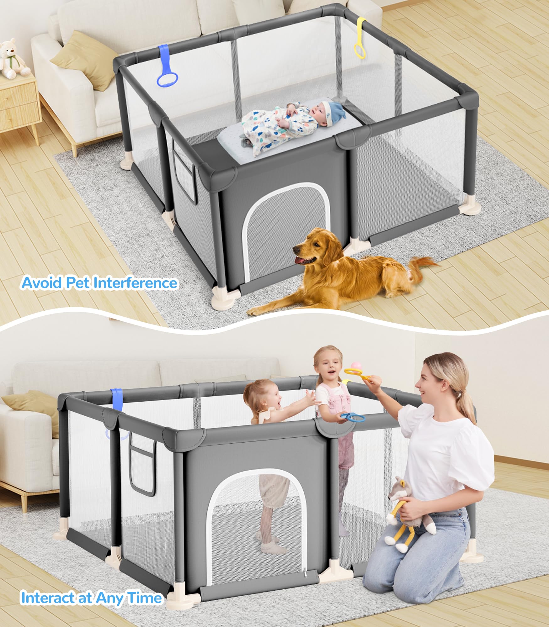 Dripex playpen with pull rings to aid standing practice.