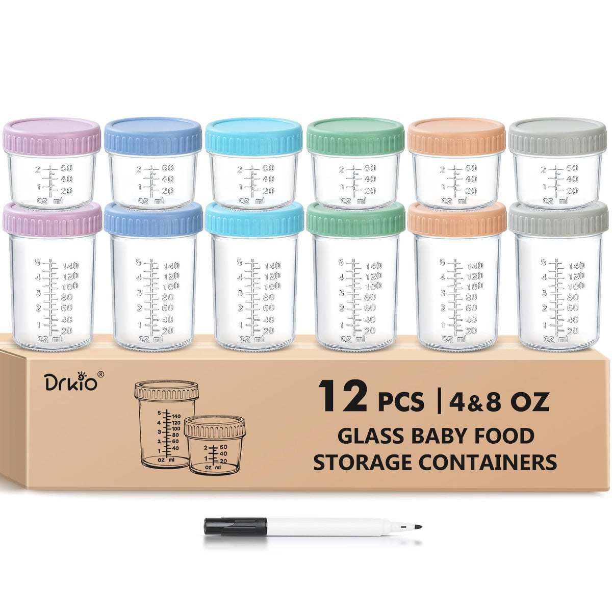 DRKIO 12-pack glass baby food containers for 4 oz and 8 oz portions.