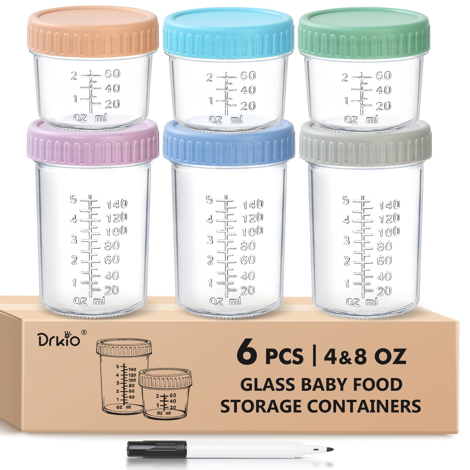 DRKIO 6-pack glass baby food containers in 4oz and 8oz sizes with secure lids