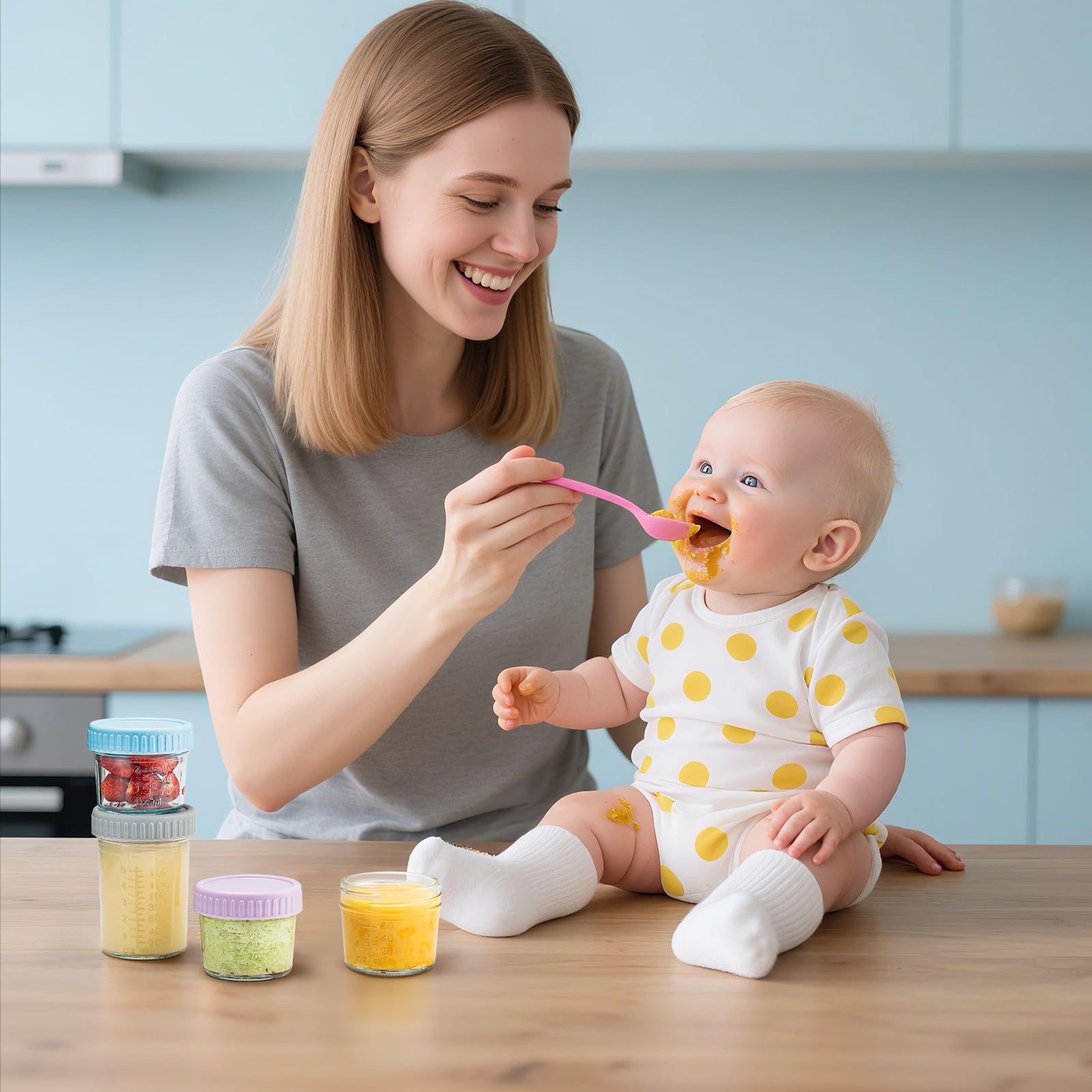 Dishwasher-safe DRKIO jars simplify cleanup after feeding.