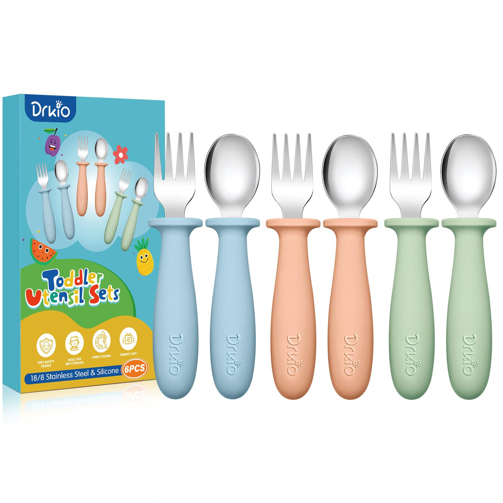 DRKIO toddler utensils set in three colors encourages independent self-feeding and meal-time curiosity