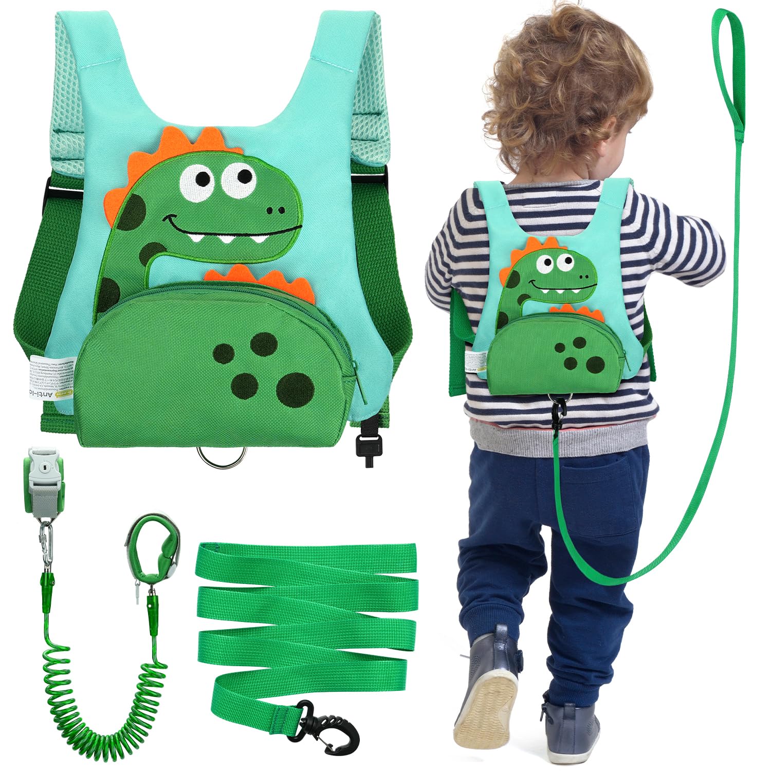 Dr.meter dinosaur design harness worn as a backpack with secure pocket