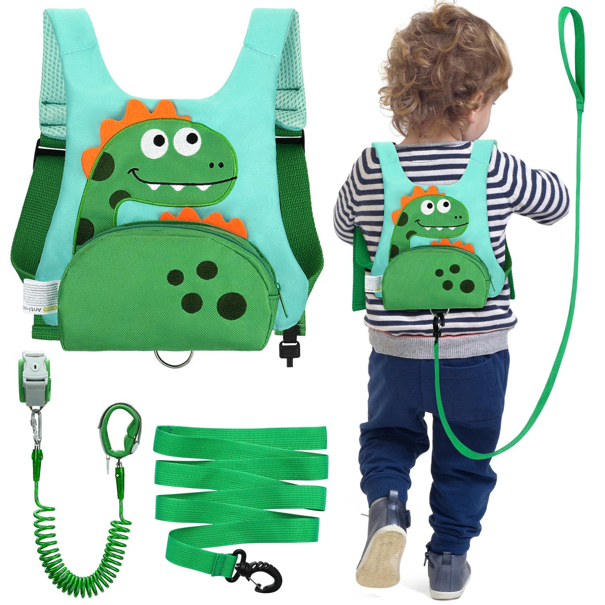 Dr.meter dinosaur design harness worn as a backpack with secure pocket