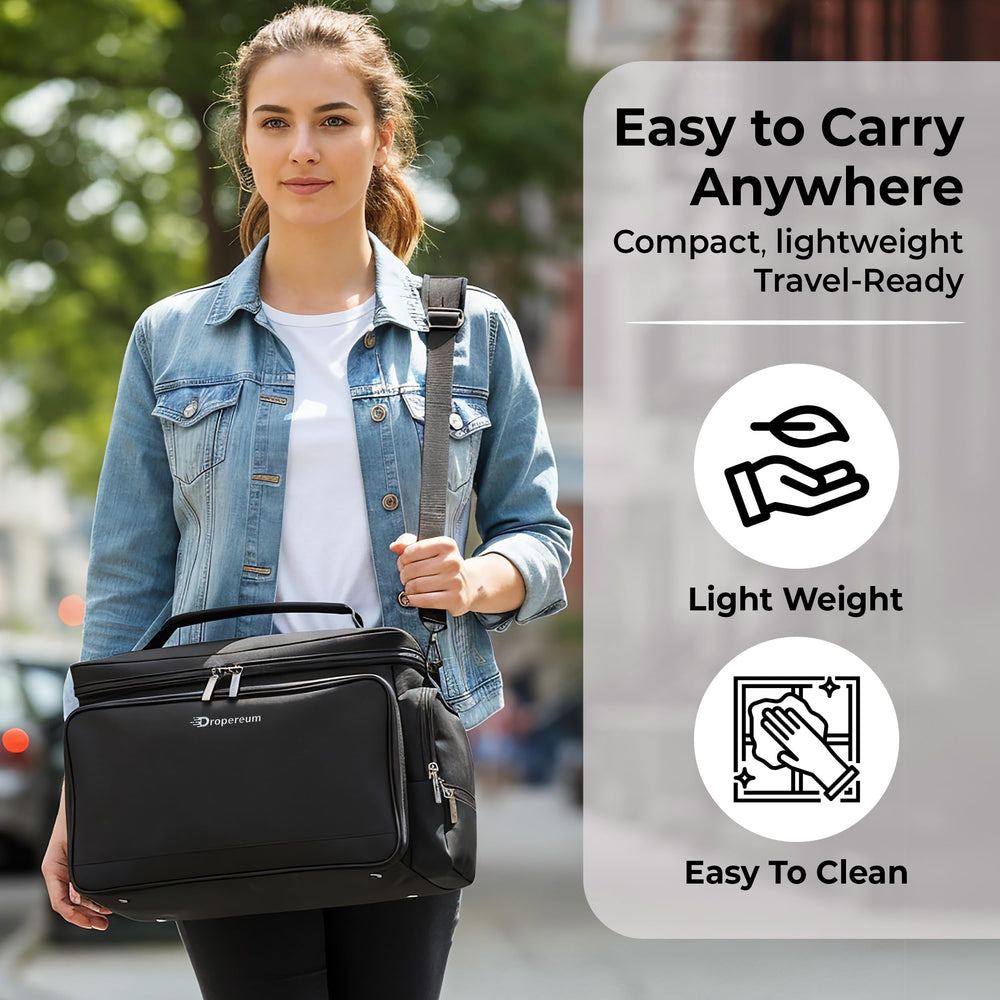 Dropereum bag front pocket with elastic strap holds bottle accessories.