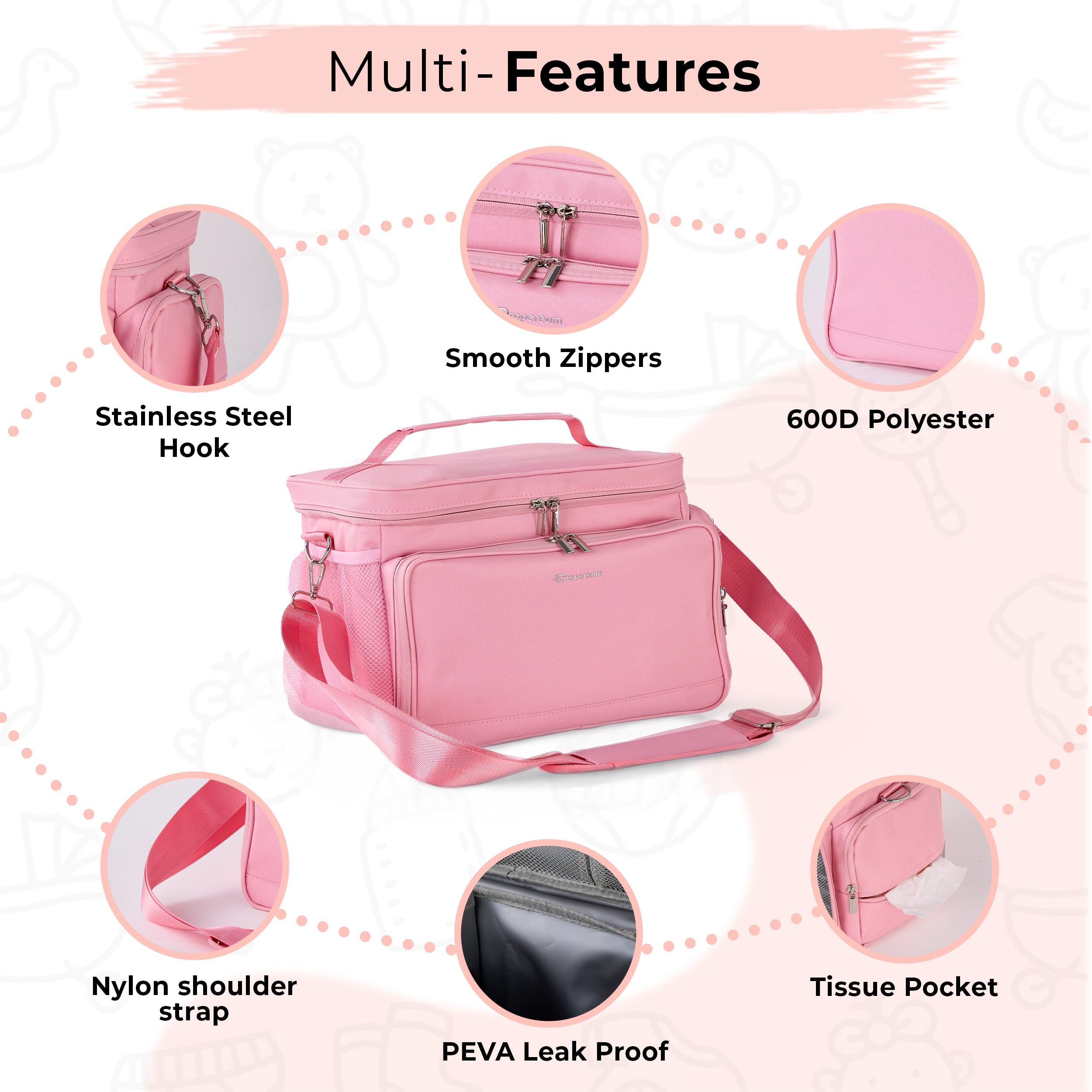 Dropereum large-capacity bag with multiple compartments for organization.