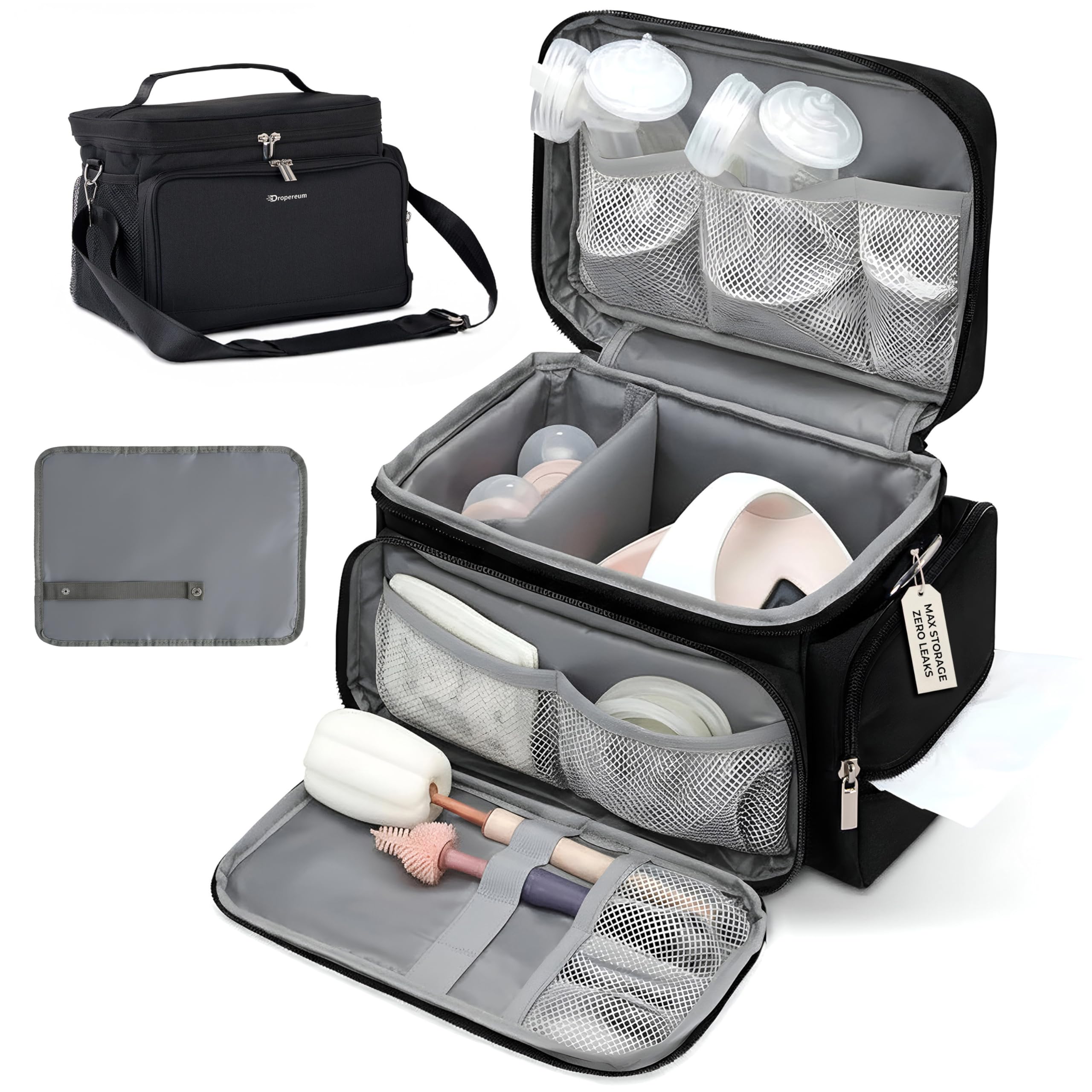 Dropereum breast pump bag top view for Spectra S1/S2, discreet on-the-go pumping.