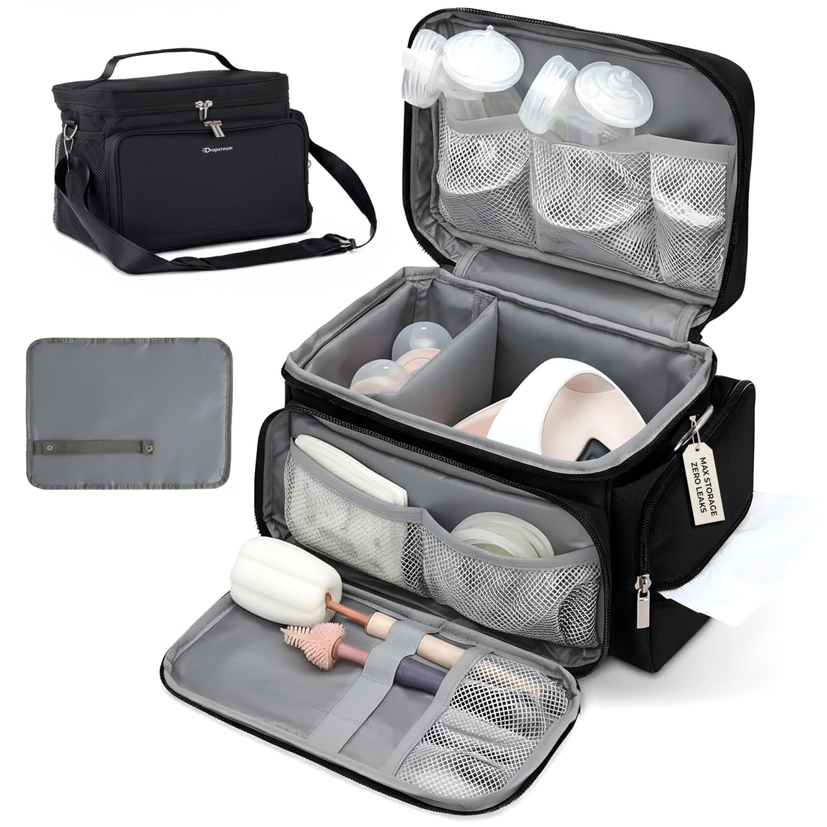 Dropereum breast pump bag top view for Spectra S1/S2, discreet on-the-go pumping.