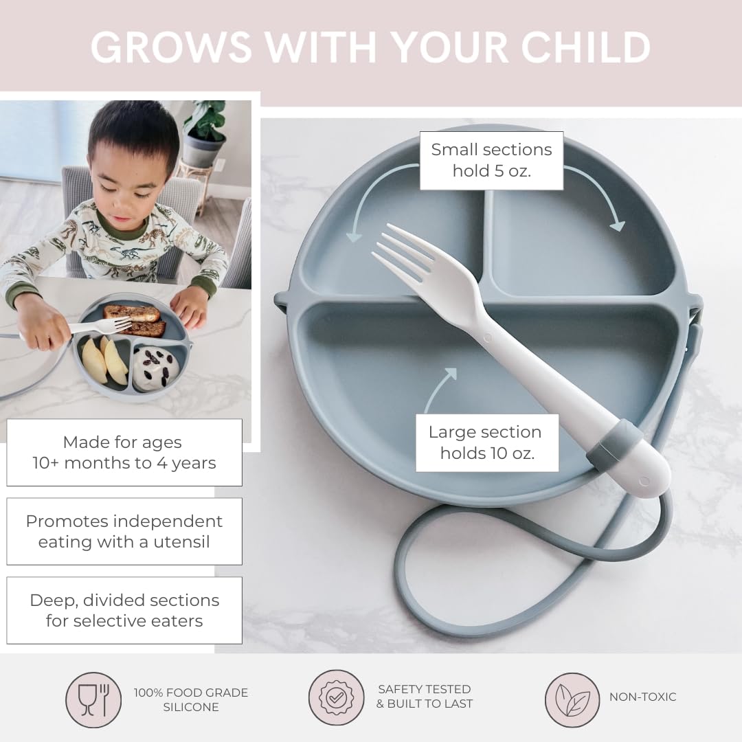 DropLess Plate with three divided compartments separates foods during meals.