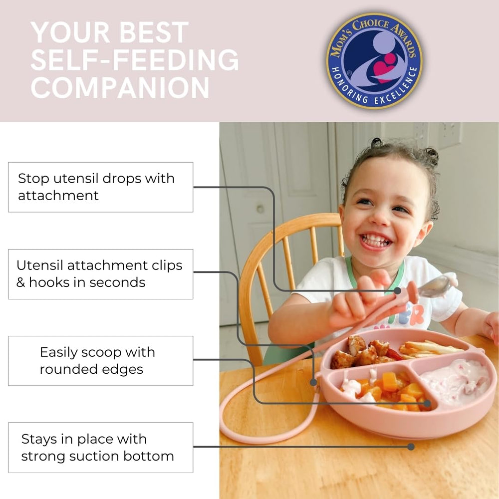 DropLess Plate utensil tether keeps spoon attached for easy self-feeding.