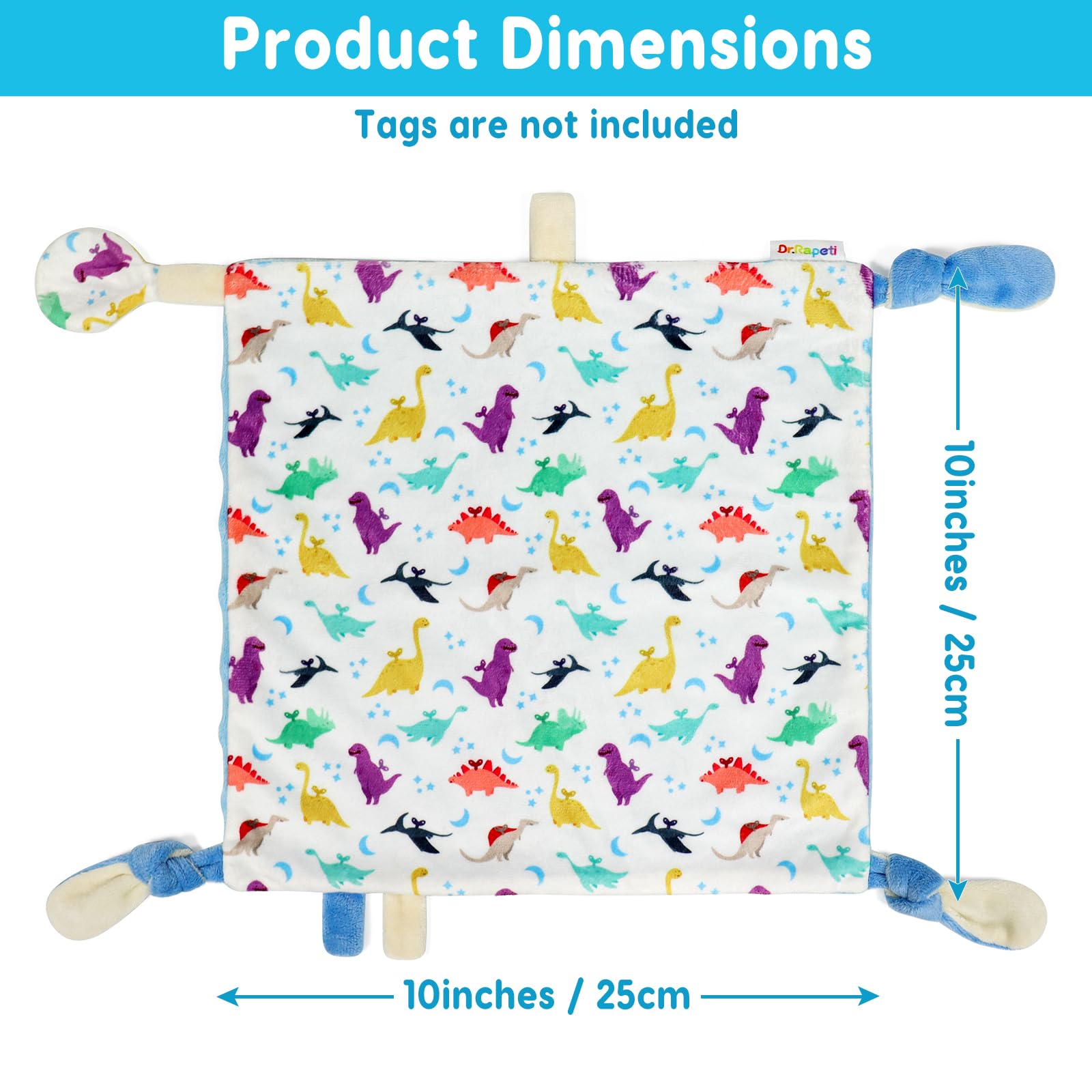 Dr.Rapeti dinosaur tag blanket with soft ribbons for chew-safe texture.