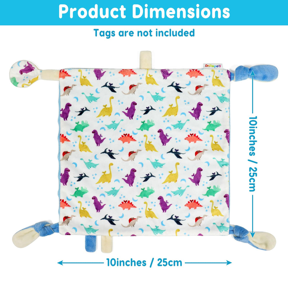 Dr.Rapeti dinosaur tag blanket with soft ribbons for chew-safe texture.