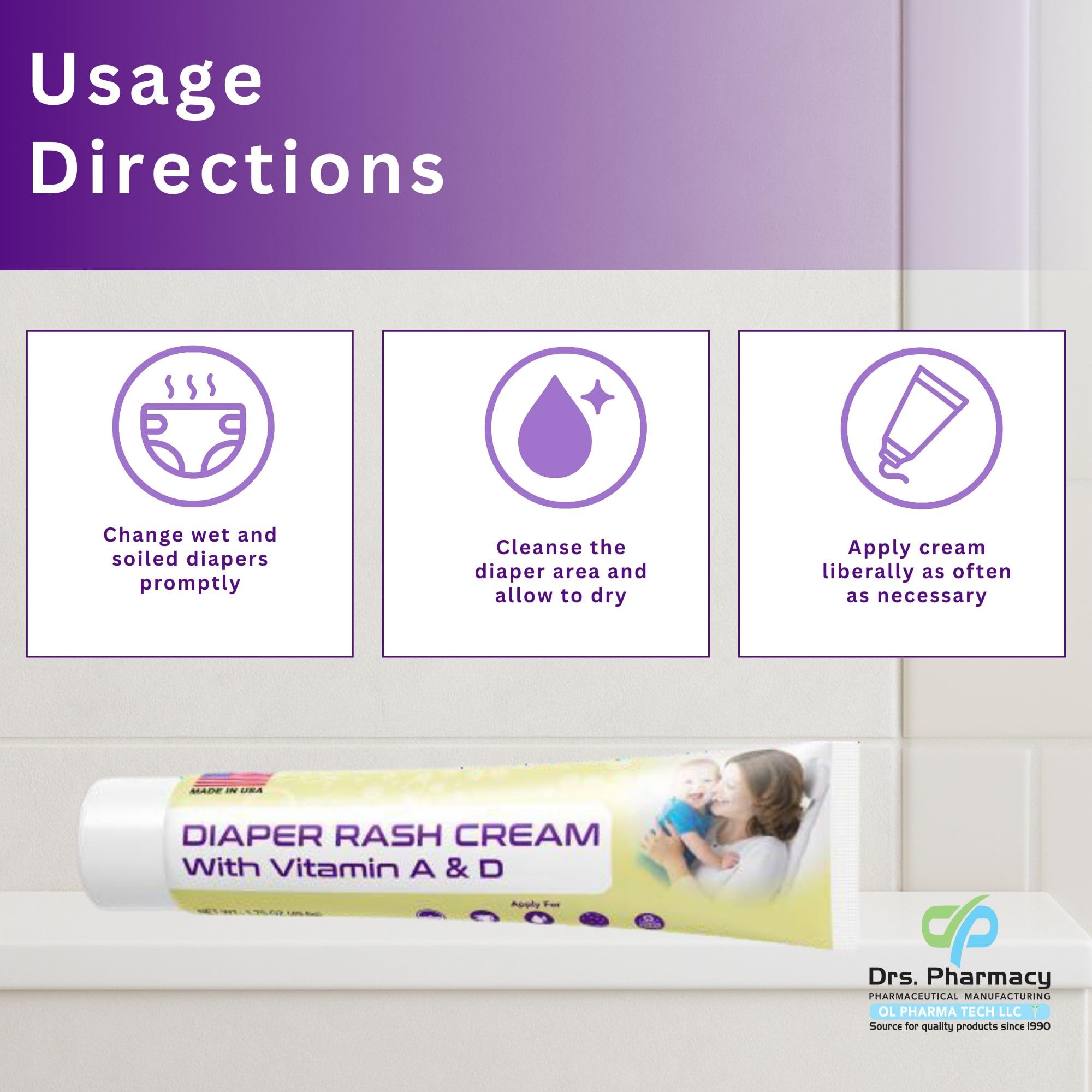 Drs. Pharmacy Diaper Rash Cream ingredients lanolin and vitamins are visible.
