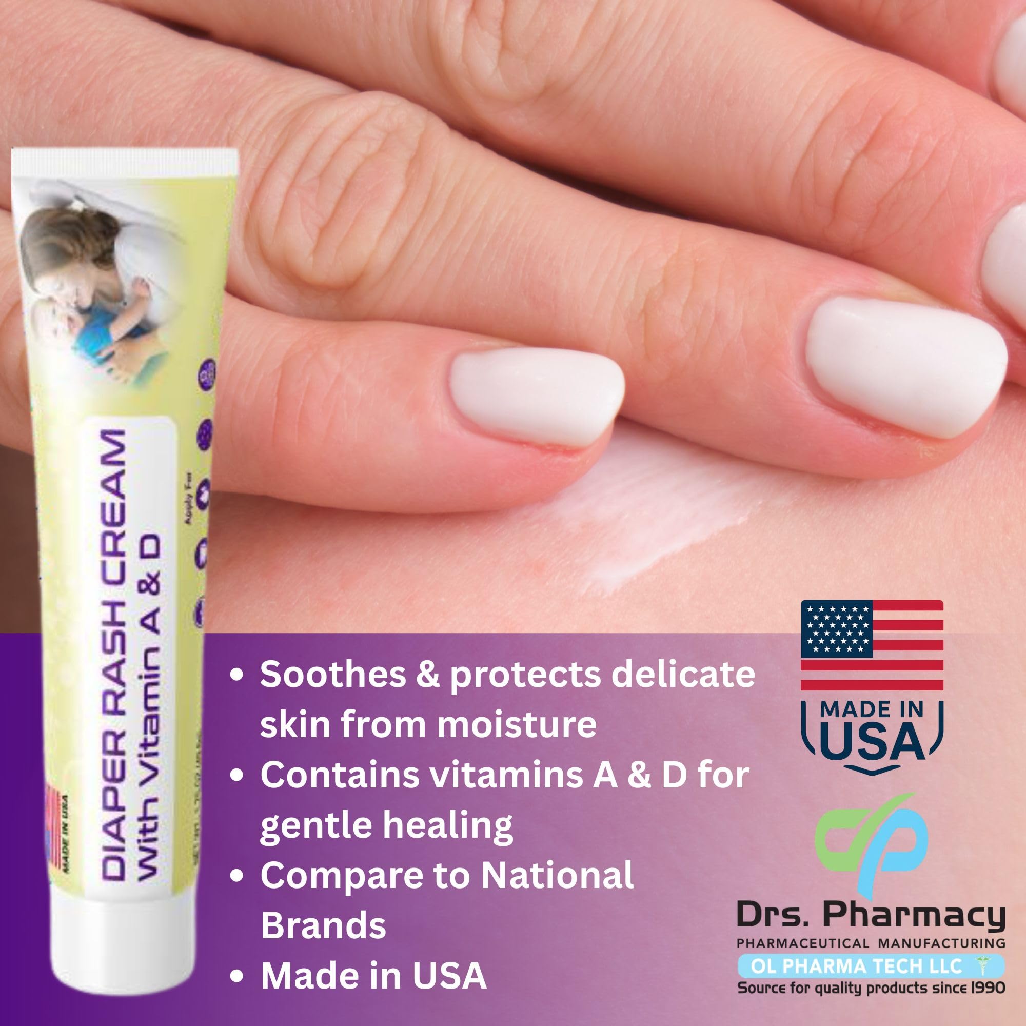 Drs. Pharmacy Diaper Rash Cream texture swatch highlights smooth, easy application.