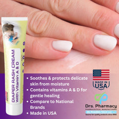 Drs. Pharmacy Diaper Rash Cream texture swatch highlights smooth, easy application.