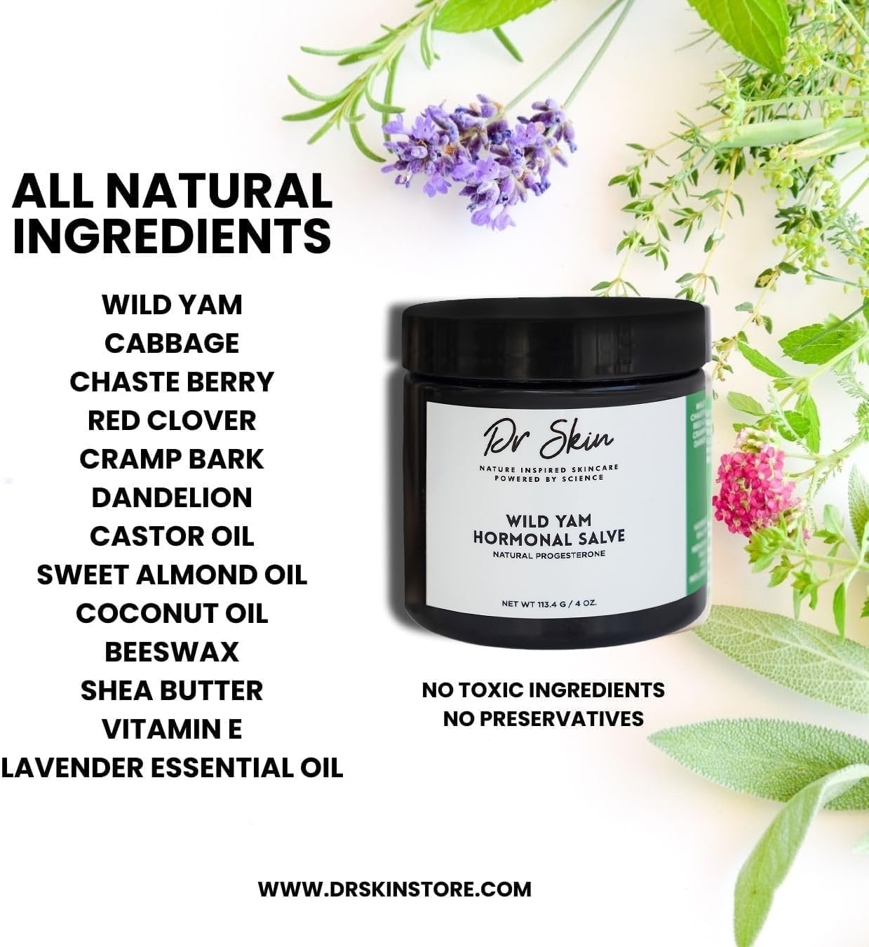 Dr Skin BEAUTY Wild Yam Cream packaging box with eco-friendly details