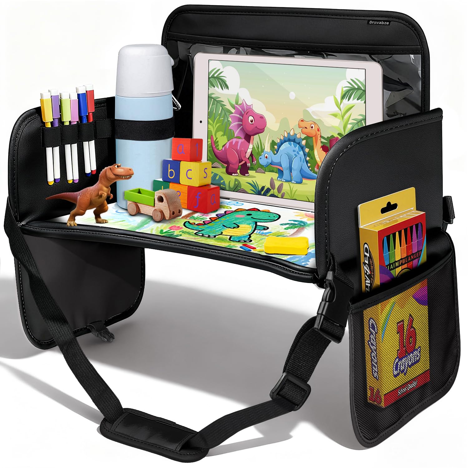 Drsvabze Leather Kids Travel Tray demonstrates car-seat durability for on-the-go play
