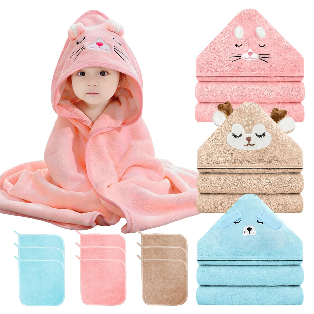 DRUNSPD S hooded pink towel keeps baby warm and dry after baths.