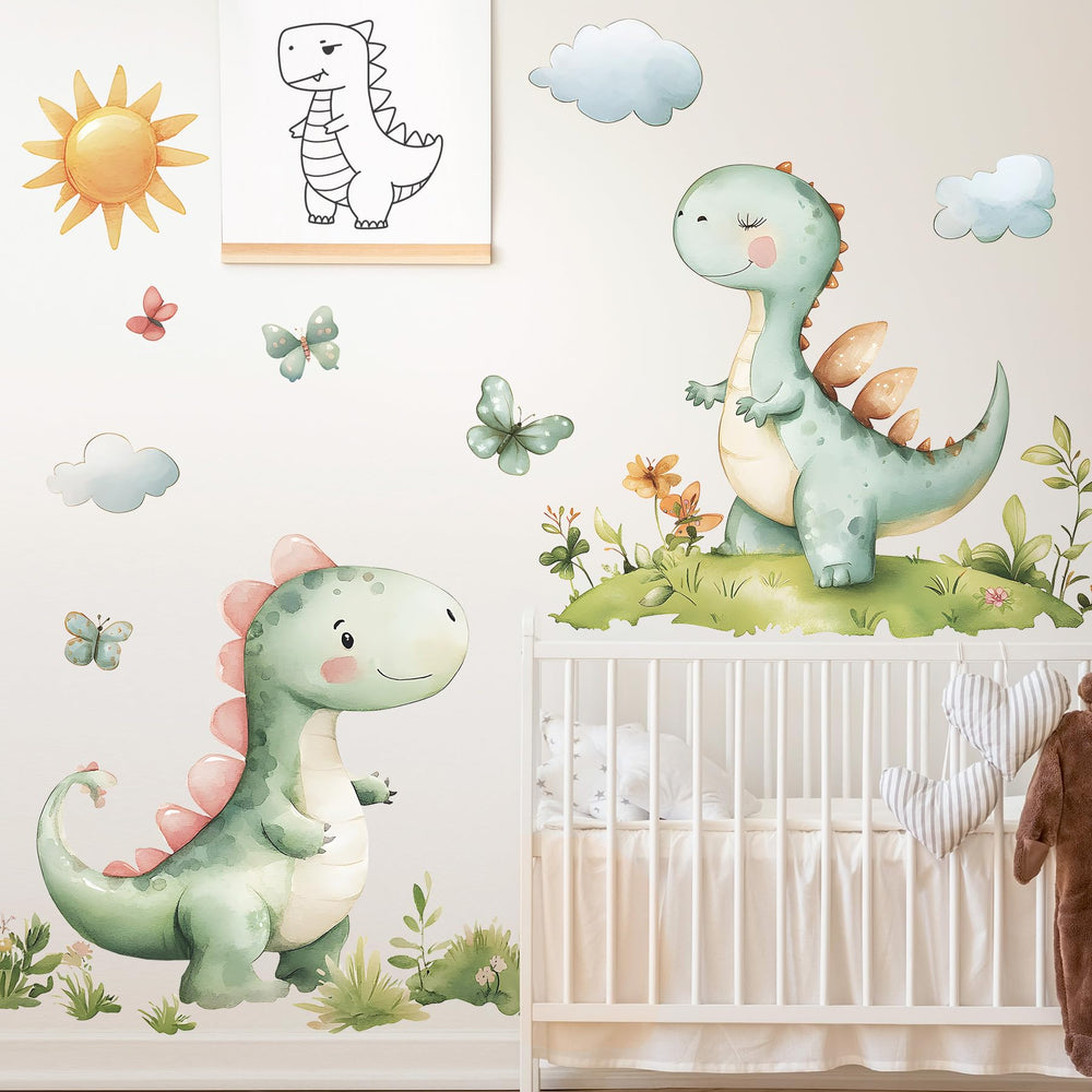 DRWSSR dinosaur kidroom scene wall decal lets kids arrange their own layout.