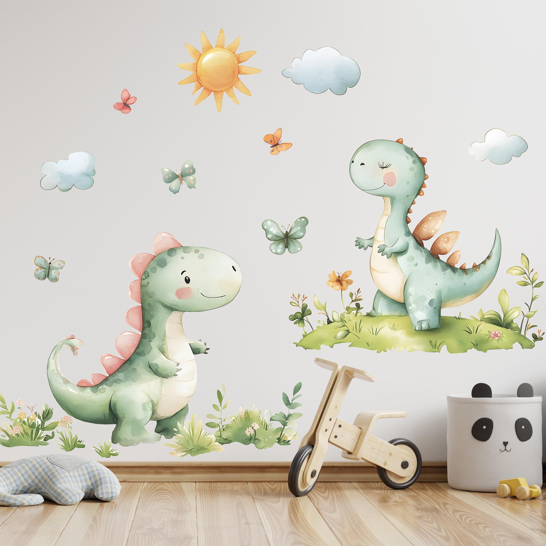 DRWSSR dinosaur sun and clouds wall decal adds cheerful playroom decor.