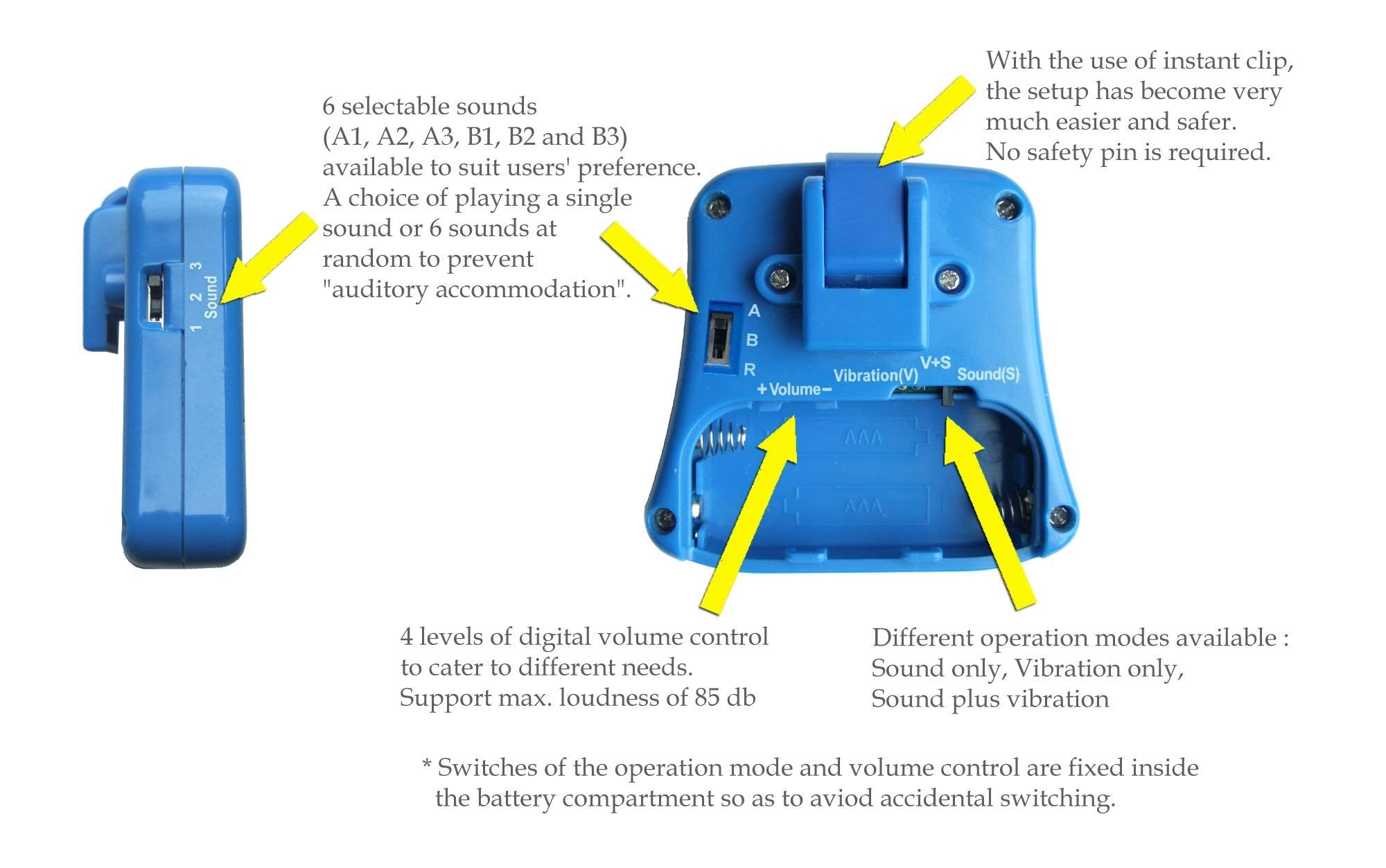 DRYEASY bedwetting alarm volume dial demonstrates adjustable loudness