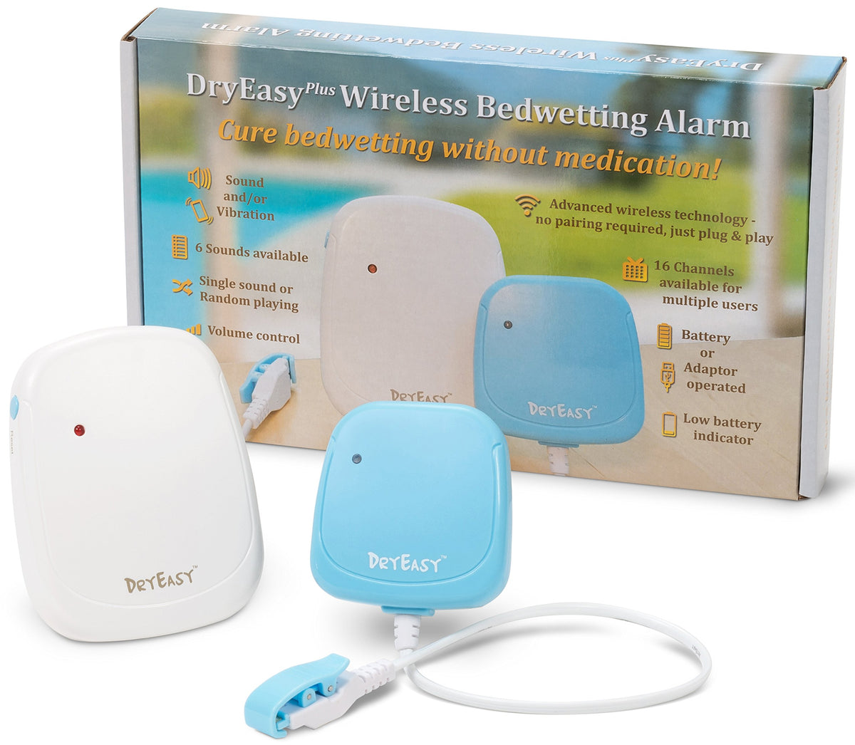 DRYEASY DryEasy Plus receiver on nightstand delivering a clear alert for nighttime routines.