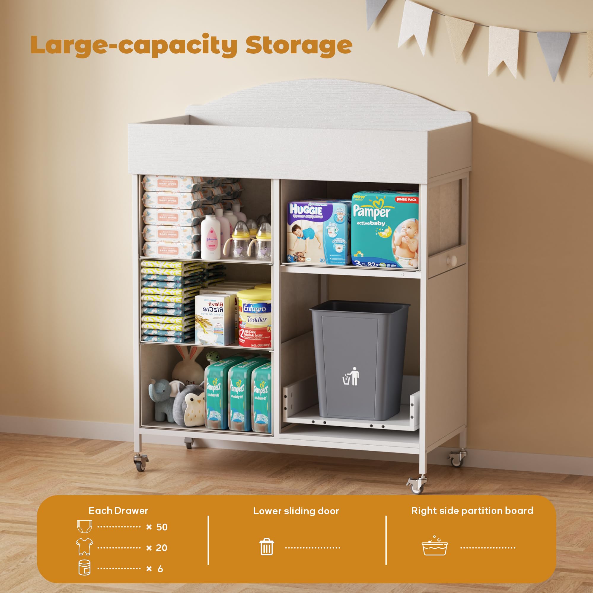 DTK ergonomic height eases diaper changes and back strain.
