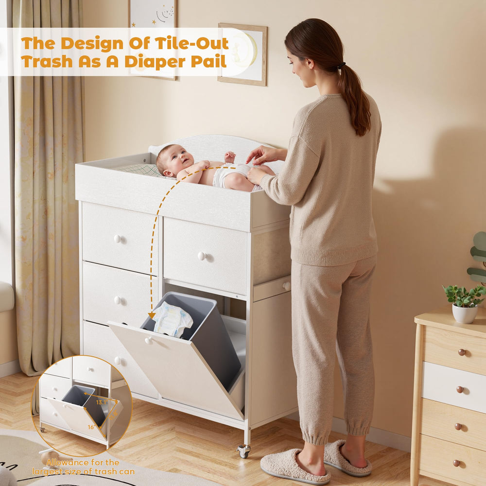 DTK dresser's 4 large fabric drawers organize wipes, diapers, and outfits.