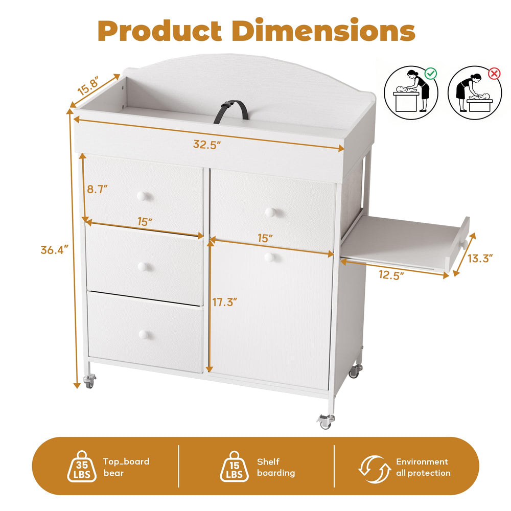 DTK pull-out side shelf for basin keeps diapering essentials handy.