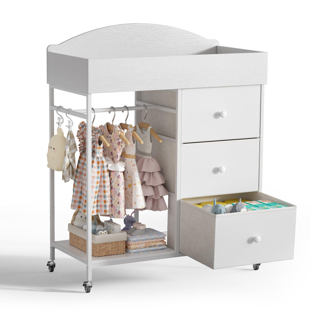 DTK changing table dresser in white with clothing rack for tidy nursery storage